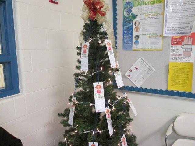 Tree located in the nurses office with tags for teachers. 