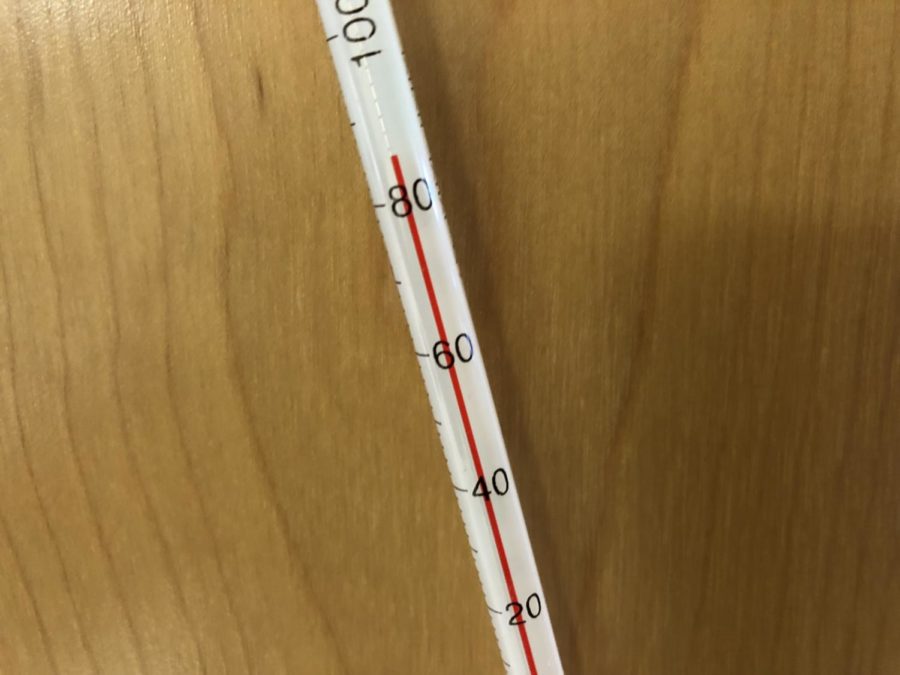 A thermometer from the one of the chemistry classrooms on the second floor showed the temperature in the mid-80s. 