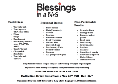 Interact and Key Club collecting for blessing bags