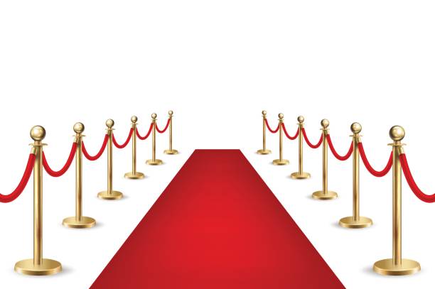 Realistic vector red event carpet and silver barriers isolated on white background. Design template, clipart, EPS10 illustration.