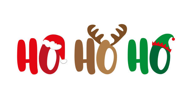 Ho Ho Ho - Christmas greeting typography, with Santa hat, antler, and elf hat. Holiday quote, decoration.